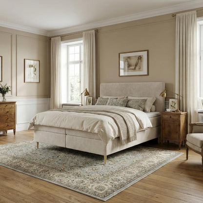 Lit BOXSPRING LENNON - Avec tête de lit, coffre intégré, matelas ressorts ensachés et surmatelas inclus