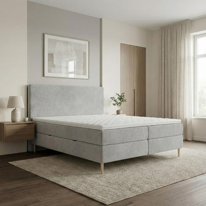 Lit BOXSPRING LENNON - Avec tête de lit, coffre intégré, matelas ressorts ensachés et surmatelas inclus