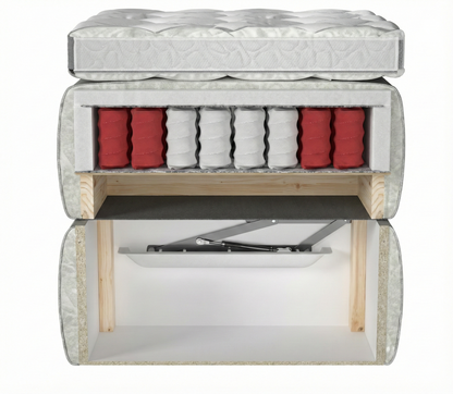 Lit BOXSPRING LEO - Avec tête de lit, coffre intégré, matelas ressorts ensachés et surmatelas inclus